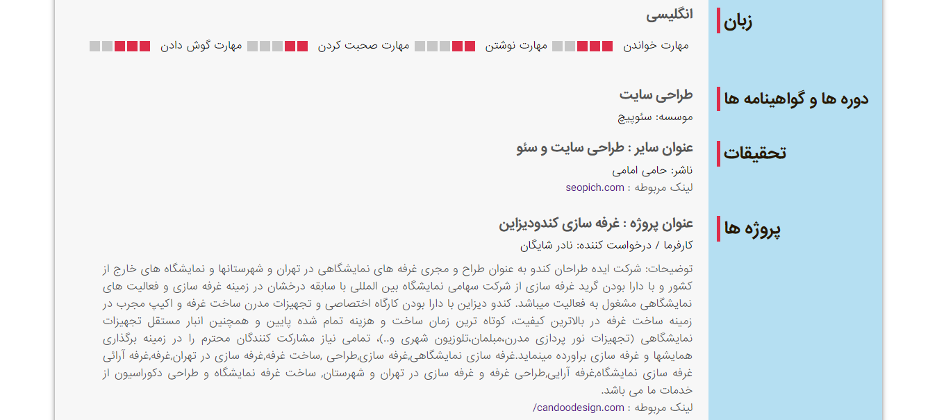 رزومه طراحی سایت و سئو